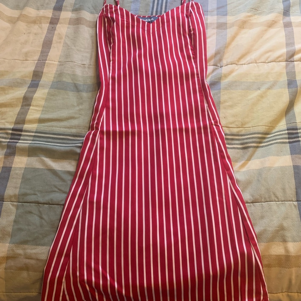 ModCloth sundress, size medium, red with white vertical stripes.